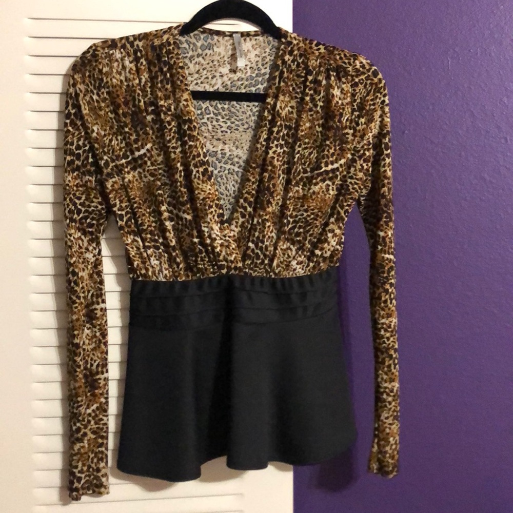Long Sleeve Cheetah Print Black Peplum Top